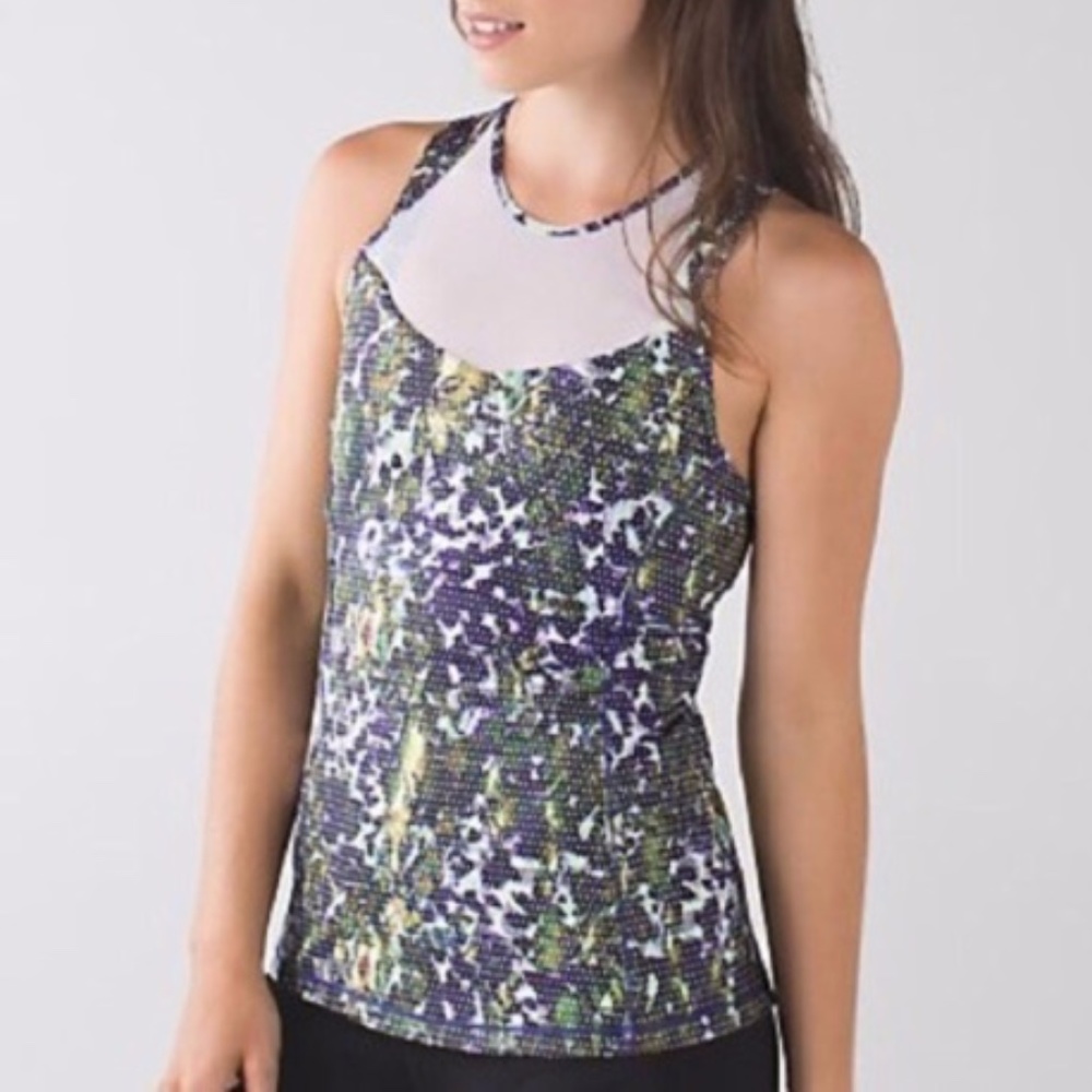 Lululemon Floral "Running in the City" White Mesh Tank Top